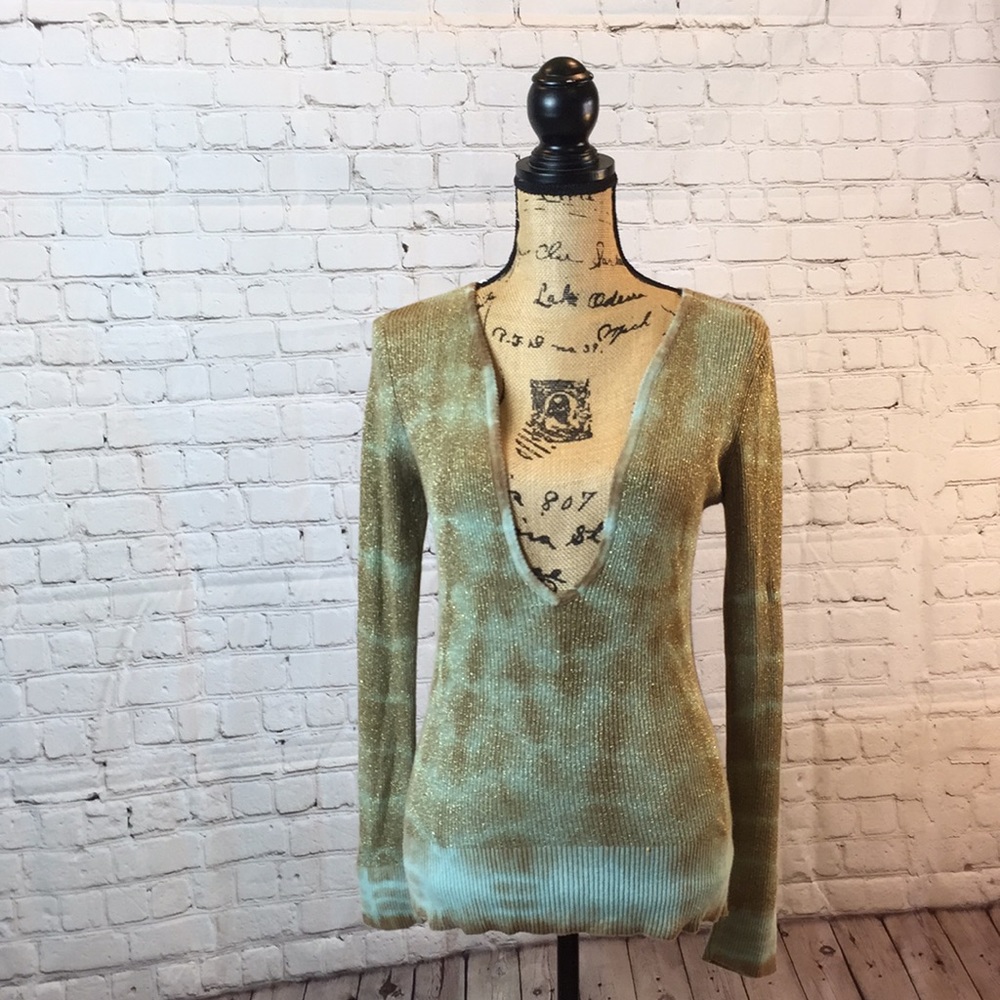 Fresh Wear Blue Brown Metallic Deep V Neck Sweater Medium